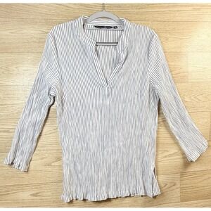 Duffield Lane Blue White Stripe Textured Blouse XL Coastal Minimal Chic